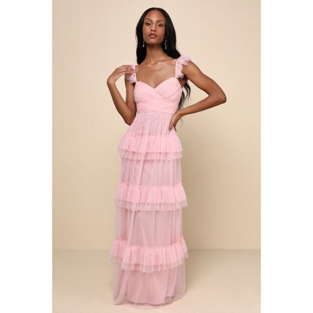 Lulus Pure Radiance Pink Mesh Swiss Dot Tiered Maxi Dress - Size S